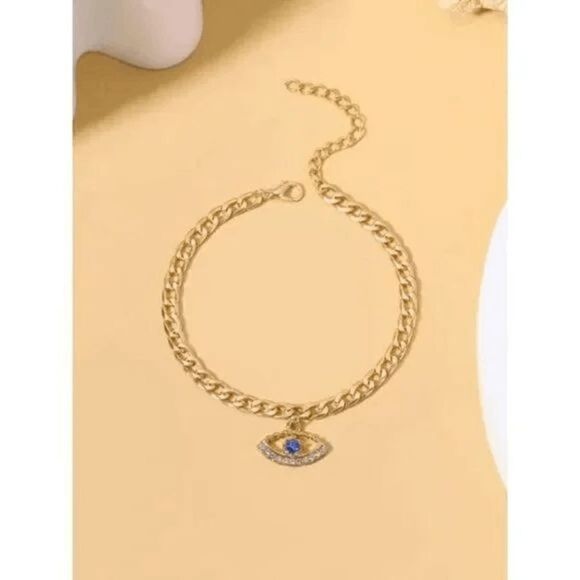 GOLD DIAMOND SAPPHIRE EVIL EYE ANKLET - Picture 2 of 5
